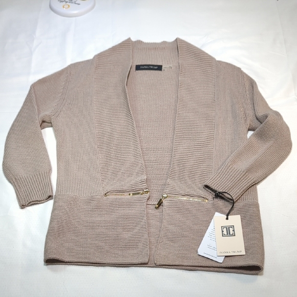 Ivanka Trump Tan Cardigan with Gold Zippers - Picture 1 of 13